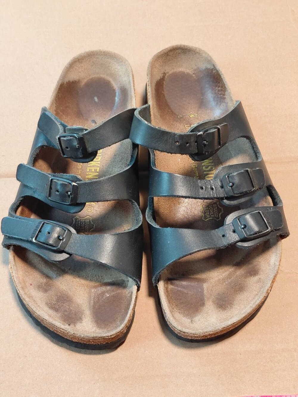 Birkenstock Florida Black 3-Strap Leather Sandals EU 38 Wide Soft Footbed